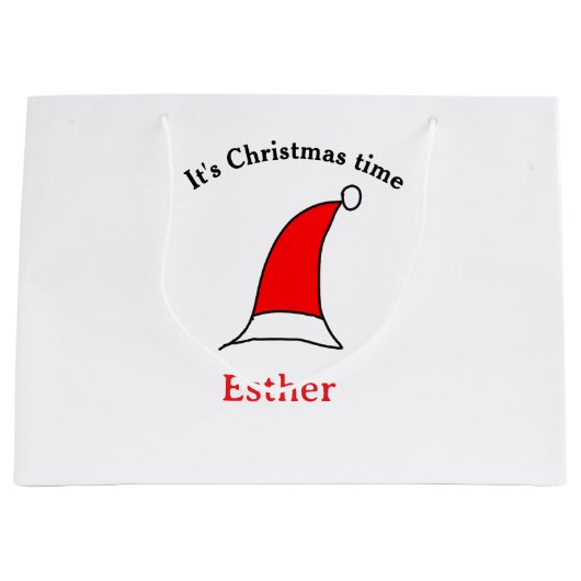 It's Christmas time Santa red hat name simple fun ラージペーパーバッグ (正面)