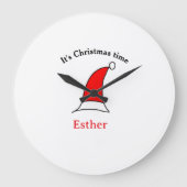 It's Christmas time Santa red hat name simple fun ラージ壁時計 (正面)