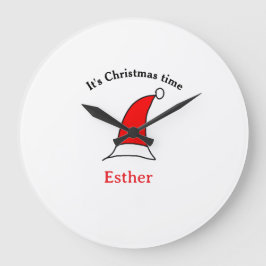 It's Christmas time Santa red hat name simple fun ラージ壁時計