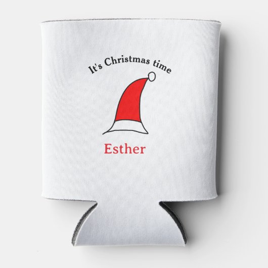 It's Christmas time Santa red hat name simple fun 缶クーラー (正面)