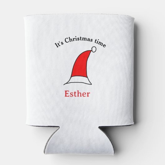 It's Christmas time Santa red hat name simple fun 缶クーラー (裏面)