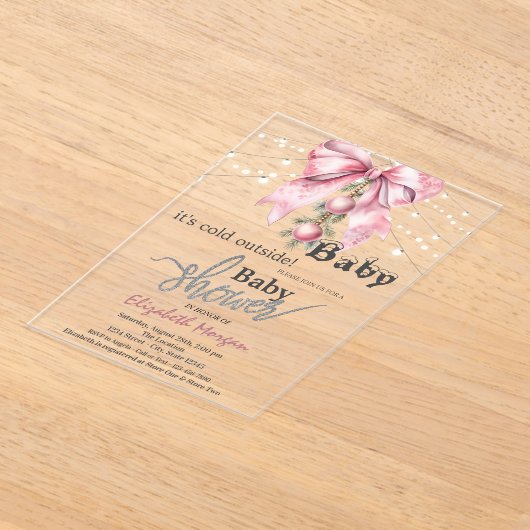 It's Cold Outside Bow Balls Lights Baby Shower アクリル招待状 (レイダウン)