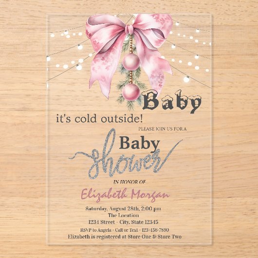 It's Cold Outside Bow Balls Lights Baby Shower アクリル招待状 (正面)