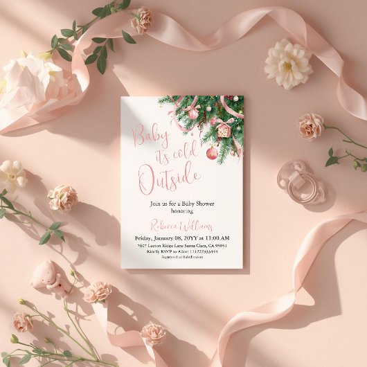 It's Cold Outside Pink Bow Winter Girl Baby Shower 招待状