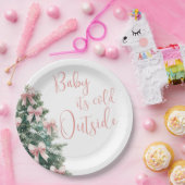 It's Cold Outside Winter Pink Bow Girl Baby Shower ペーパープレート (パーティー)
