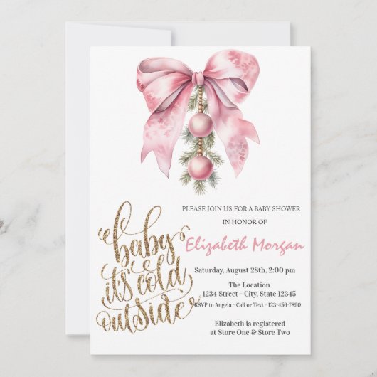 It's Cold Pink Bow Christmas Balls Baby Shower   招待状 (正面)