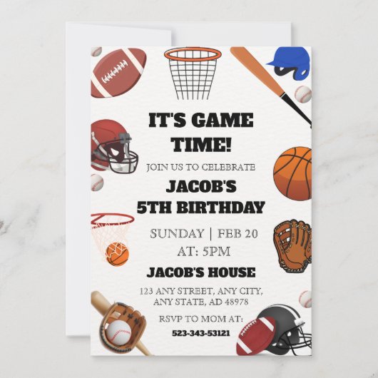 It's Game Time!" All-Star Sports 5th Birthday 招待状 (正面)