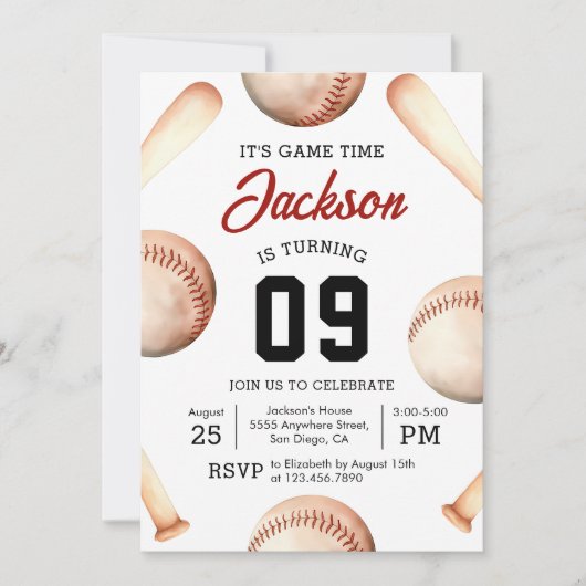 It's Game Time Baseball Birthday Party 招待状 (正面)