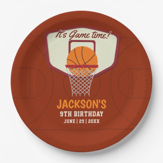 It's Game time! Fun Basketball theme Birthday Kids ペーパープレート (正面)
