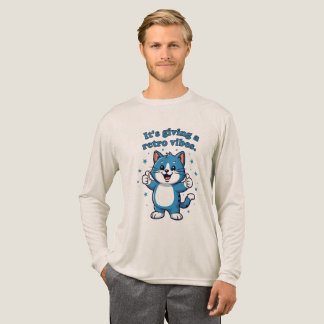"It's Giving Retro Vibes" Cute Blue Cat Thumbs Up  トライブレンドＴシャツ