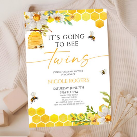 It's Going To Bee Twins Beehive Floral Baby Shower 招待状