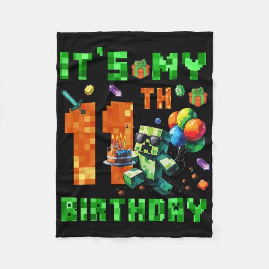 It's My 11th Birthday Pixel Number Video Game Game フリースブランケット (正面)