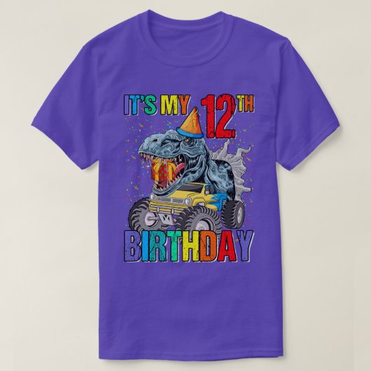 It's My 12th Birthday Monster Truck Dinosaur Boys Tシャツ (デザイン正面)