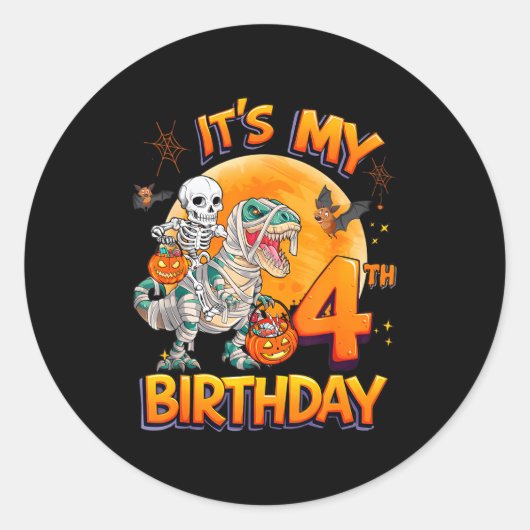 Its My 4th Birthday Dinosaur Skeleton Mummy Hallow ラウンドシール (正面)