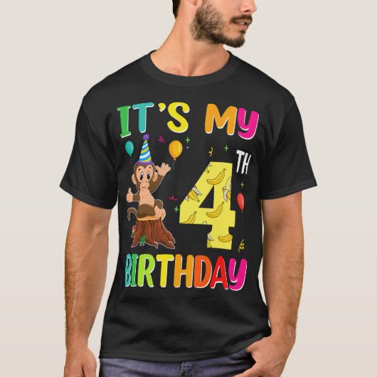 It's My 4th Birthday Monkey 4 Year Old Boy Girl Tシャツ (正面)