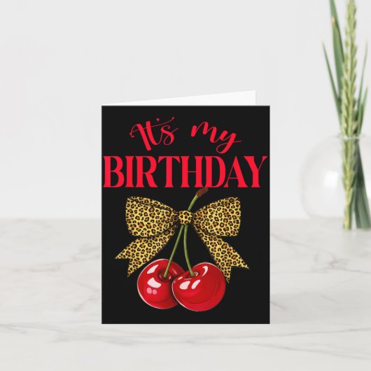 It's My Birthday Cute Cherry Leopard Coquette Bow  カード (正面)