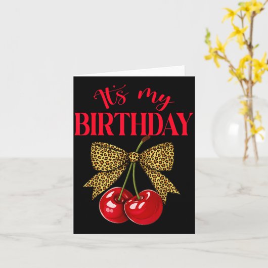 It's My Birthday Cute Cherry Leopard Coquette Bow カード (黄色い花)