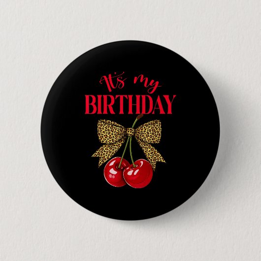It's My Birthday Cute Cherry Leopard Coquette Bow  缶バッジ (正面)
