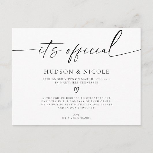 It's Official Elopement Wedding Announcement 案内ポストカード (正面)
