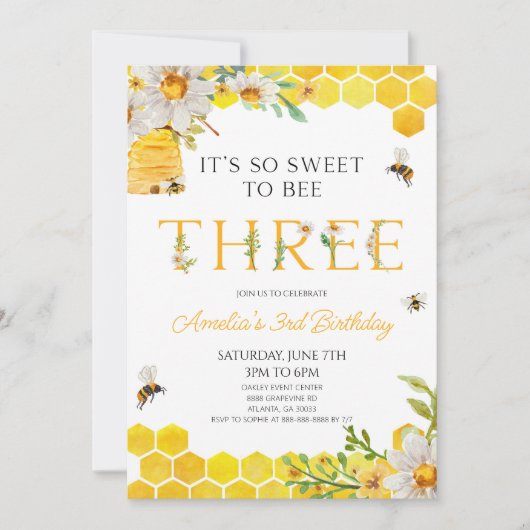 It's So Sweet To Bee Three 3rd Birthday Party 招待状 (正面)