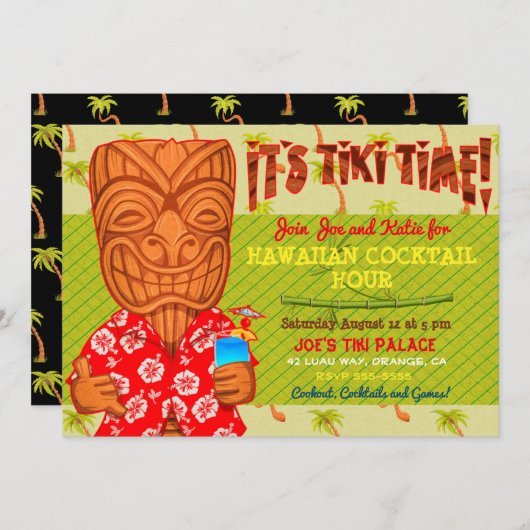 It's Tiki Timeルアウ（ハワイ式宴会）のクックアウトパーティー 招待状 (正面/裏面)