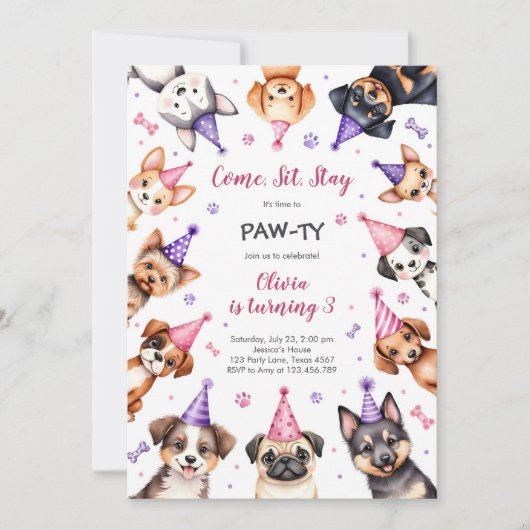 It's Time to Paw-ty Party Animals Kids Birthday 招待状 (正面)
