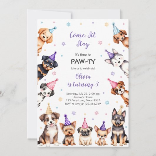 It's Time to Paw-ty Party Animals Kids Birthday In 招待状 (正面)