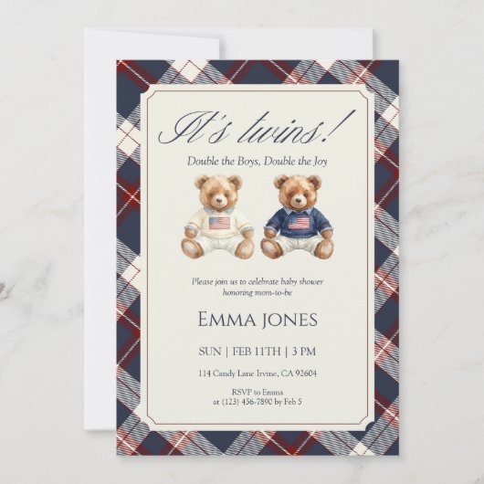 Its Twins Double Plaid teddy bear Baby Shower 招待状 (正面)