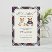 Its Twins Double Plaid teddy bear Baby Shower 招待状 (スタンド正面)