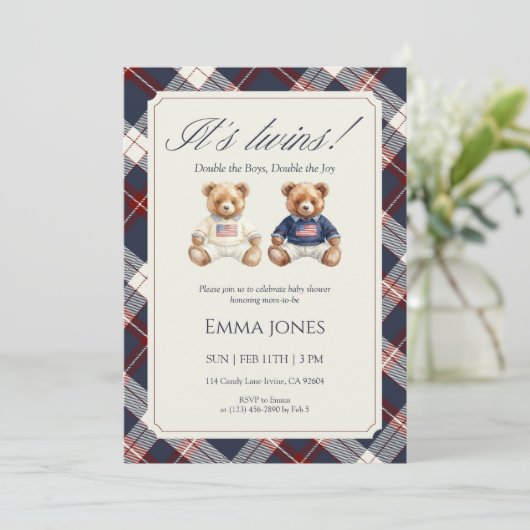 Its Twins Double Plaid teddy bear Baby Shower 招待状 (スタンド正面)