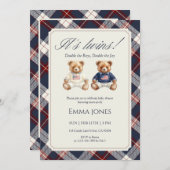 Its Twins Double Plaid teddy bear Baby Shower 招待状 (正面/裏面)