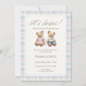 Its Twins Pastel Plaid Teddy Bear Baby Shower 招待状 (正面)