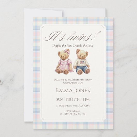 Its Twins Pastel Plaid Teddy Bear Baby Shower 招待状 (正面)