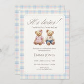 Its Twins Pastel Plaid Teddy Bear Baby Shower 招待状 (正面/裏面)