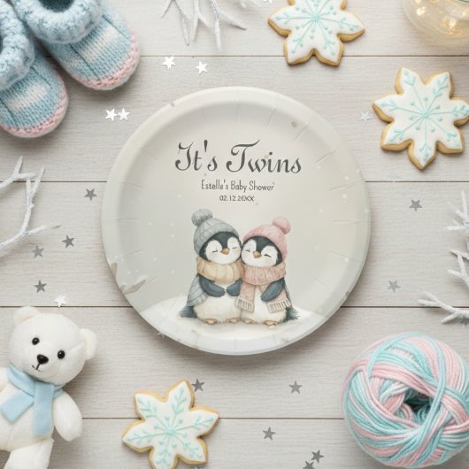 Its Twins penguin Winter Wonderland Baby Shower ペーパープレート