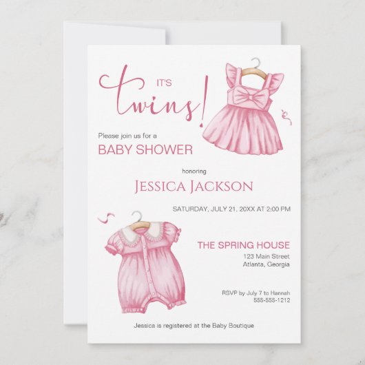 It's Twins Pink Script Baby Dresses 招待状 (正面)