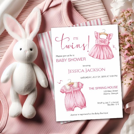 It's Twins Pink Script Baby Dresses 招待状