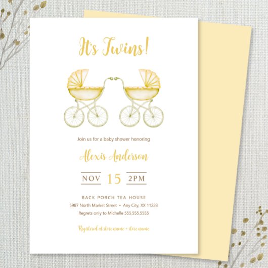 It's Twins with yellow Carriages Baby Shower 招待状