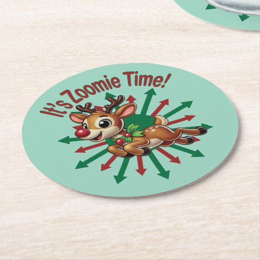 "It's Zoomie Time! Christmas Reindeer ラウンドペーパーコースター (アングル)