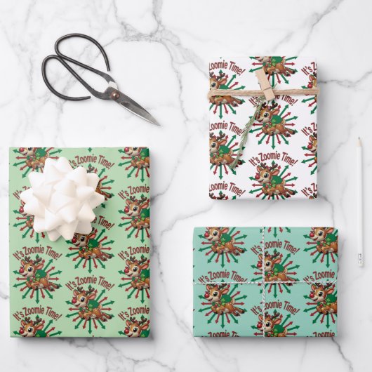 "It's Zoomie Time! Christmas Reindeer ラッピングペーパーシート (正面)