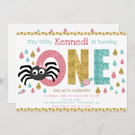 Itsy Bitsy Spider First Birthday Girl 招待状 (正面/裏面)