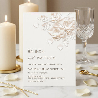Ivory 3D Flowers Roses Minimalist Wedding  Invitat 招待状