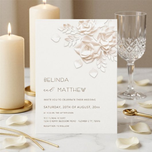 Ivory 3D Flowers Roses Minimalist Wedding  Invitat 招待状