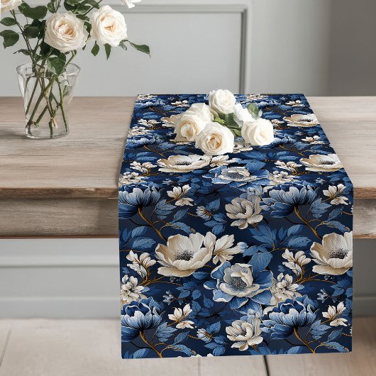 Ivory and Blue Flowers Luxury Table Runner ロングテーブルランナー