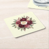 Ivory and Burgundy Floral Wedding  スクエアペーパーコースター (アングル)