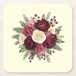 Ivory and Burgundy Floral Wedding  スクエアペーパーコースター