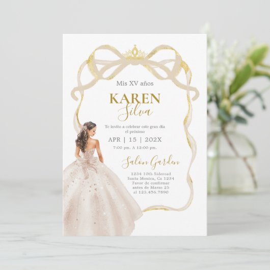 Ivory and Gold Quinceanera Invitation 招待状 (スタンド正面)