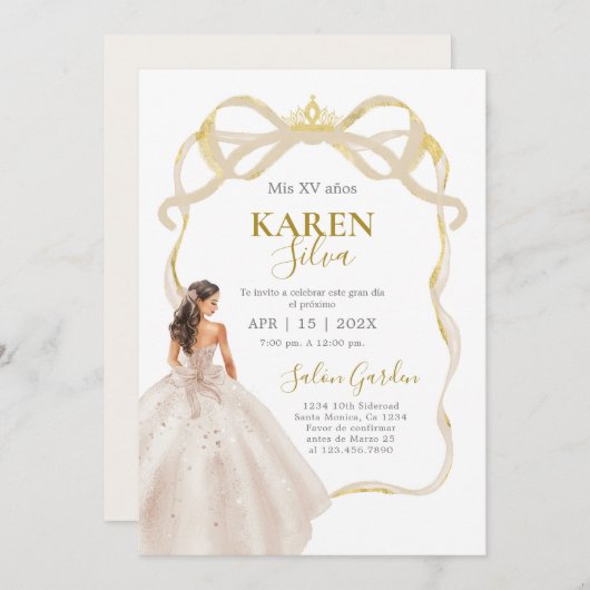 Ivory and Gold Quinceanera Invitation 招待状 (正面/裏面)