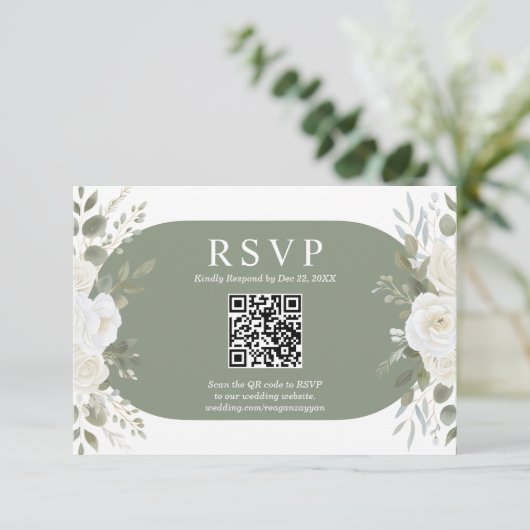 Ivory And Sage QR Code Chic Wedding RSVP Card (スタンド正面)