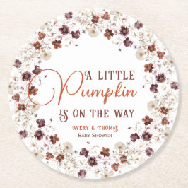 Ivory Autumn Floral A Little Pumpkin Baby Shower ラウンドペーパーコースター